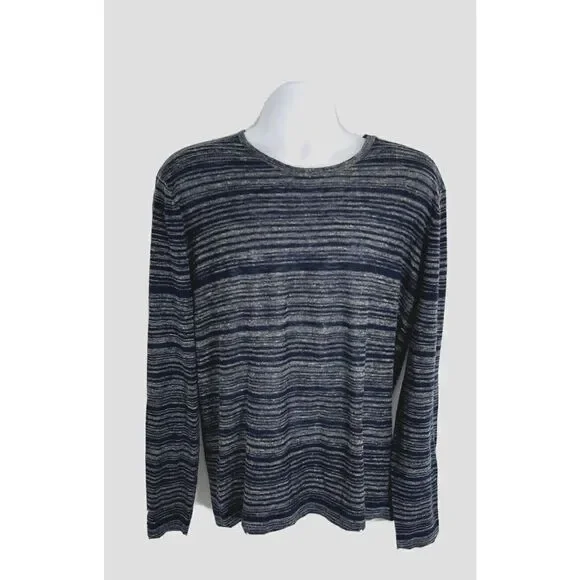 John Varvatos Sweater Men's XL Gray Blue Striped Linen Blend Long Sleeve